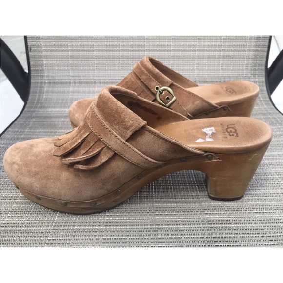 UGG Abbie Clogs Brown Suede Slip On Wood Heel Womens 8 Sheepskin Lined F8910E - Picture 8 of 11